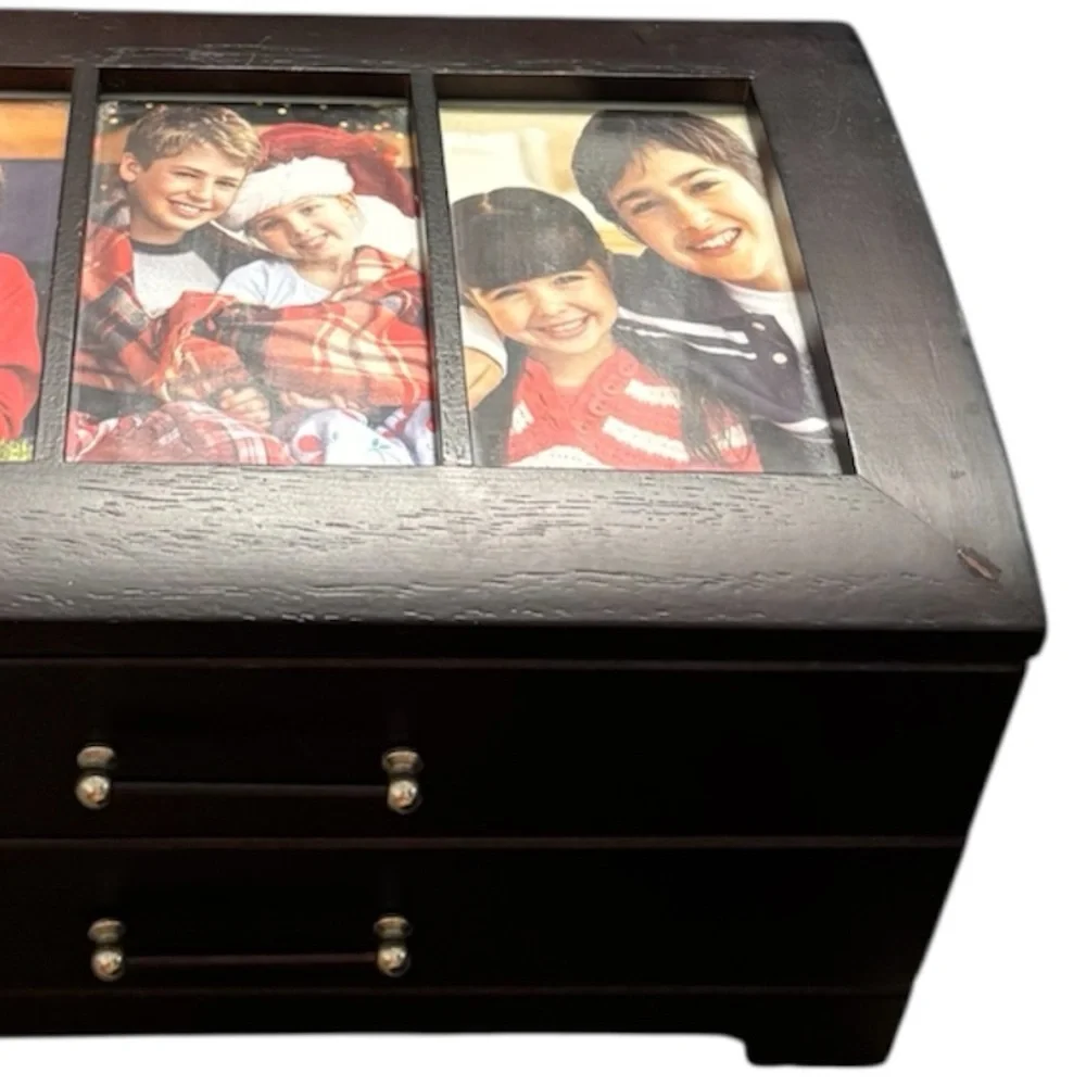 Vintage Dark Wood Jewelry Box 2-Drawer Glass Lid Trinket Organizer Picture Frame